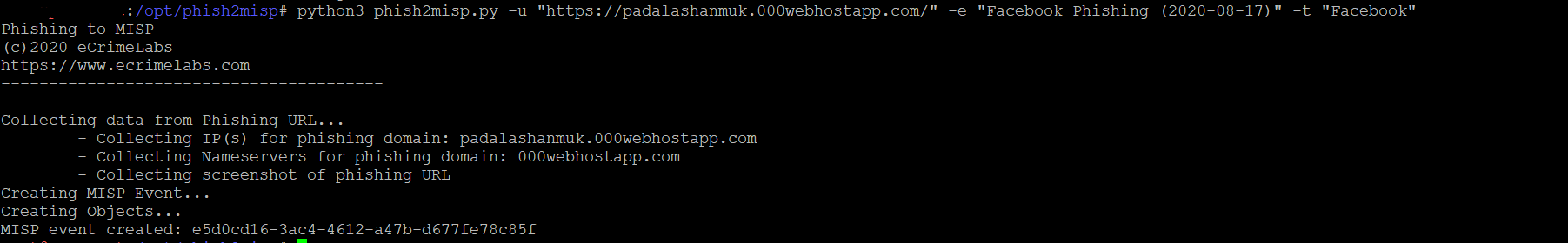 Phish2MISP help output showing command options