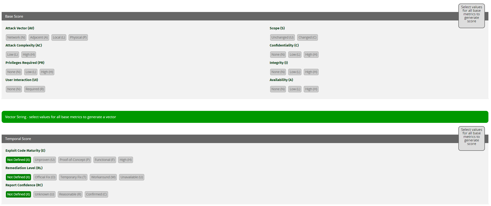 CVSS 3.1 scoring breakdown showing Base Score, Temporal Score, and Environmental Score vectors